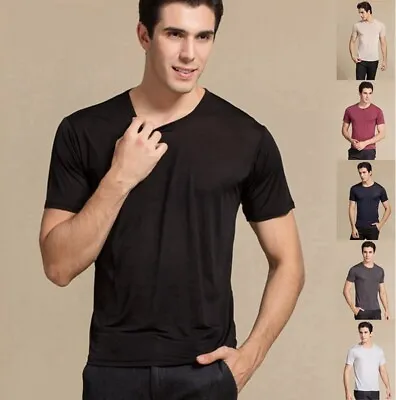 Men's 100% Mulberry Silk Knitted Crew Neck T Shirts Short Sleeve Undershirts • $36.62
