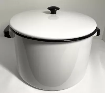 Vintage Enamelware Pot With Lid White With Black Trim Farmhouse Camping • $22.99