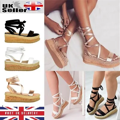 £3.75 • Buy UK Womens Ladies Flat Wedge Espadrille Lace Tie Up Sandals Platform Summer Shoes
