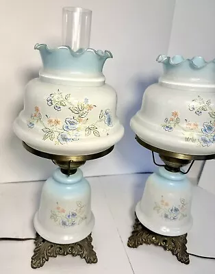 Pair Blue & White Floral Design Gone With The Wind Hurricane Parlor Table Lamps • $225