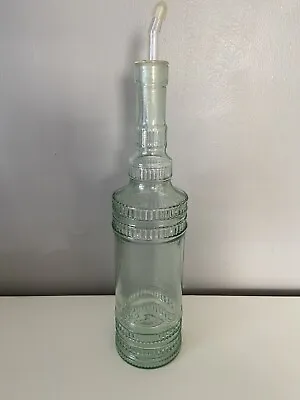 Vtg Green Tinged Glass Bottle With Pour Spout Cap Liquor Oil Vinegar 14  EUC MCM • $24.29