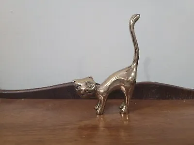 Midcentury Modern Cat Figurine Long Tail Brass Hollywood Regency Arched Hind End • $40