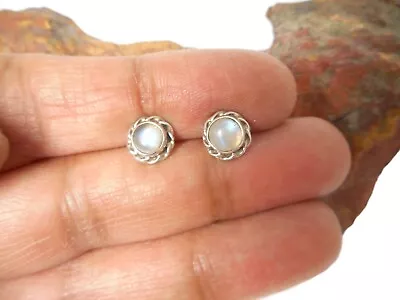 Rainbow MOONSTONE  Sterling Silver 925 Gemstone Stud Earrings - 5 Mm • $19.99