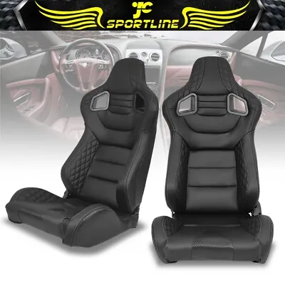 Universal Pair Reclinable Racing Seats Dual Slider Black PU Carbon Leather • $348.99