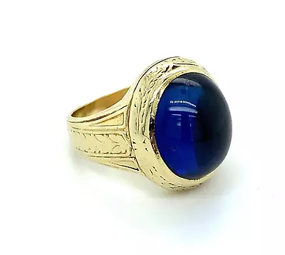 Vintage Men's 14k Yellow Gold Oval Cabochon Synthetic Blue Sapphire Ring Size 5. • $695