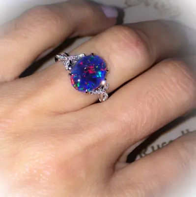 High Fire Black Opal Ring 14K White Gold Vintage Fine Jewelry Anniversary Ring • $850