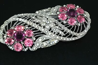 40s Vtg Purple Pink Clear Rhinestone Flower Silver Tone 3  Pin Brooch  • $35