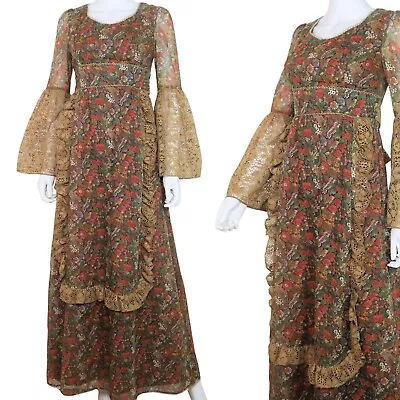 Vintage 70's Jerell Floral Prairie Boho Renaissance Maxi Dress Cottagecore Small • $249.95