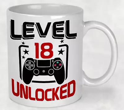 18th BIRTHDAY Mug Gamer Level 18 Unlocked Novelty Gaming Gift Him Her Men Woman • £8.99