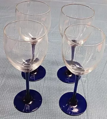 Vintage Set Of 4 Luminarc France Clear Cobalt Blue Stem Wine Glass Goblet 8  • $20