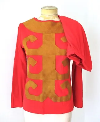 Vtg 70s Red Knit Brown Suede Medieval Court Jester 2-pc Tunic Top Pants Set S • $28