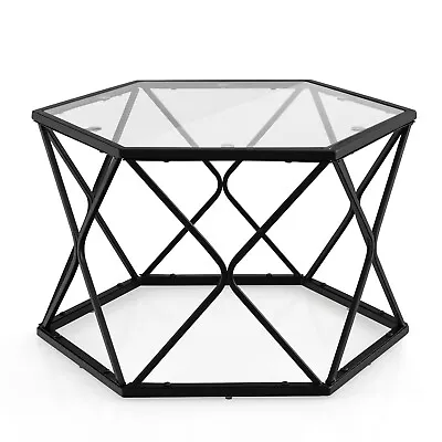 Modern Coffee Table Geometric Glass W/Tempered Glass Top & Metal LegsLiving Roo • $69.98