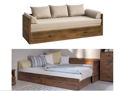 Sofa Bed Fold Out Storage Beige Fabric Oak Finish & Metal Detail Indiana Rustic • £824.95