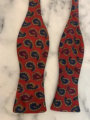 Vintage R Hanauer 100% Silk Red Paisley Self Tie Bow Tie Handmade In USA • $25
