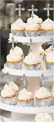 12 X Silver Cross Cake Toppers First Holy Communion Christening Party Decoration • £5.89