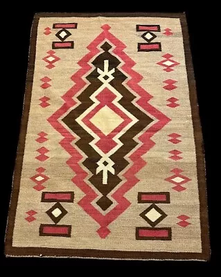 Hand-Woven Vintage Wool Rug Navajo Geometric Design In Beige/ Pink 3'4 X 4'11 • £723.85