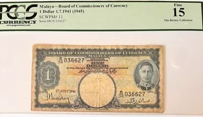 MALAYA Pick 11 1941 PCGS 15 One Dollar KGV6 RICKEY • $12.99