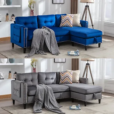 Gray/Blue Velvet L Shape Convertible Sofa Couch Reversible Chaise W/ StorageUSB • $339.99