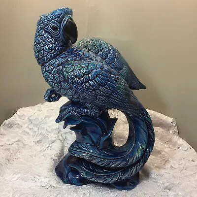 VNTG Enesco Turquoise Blue Glaze 10” Tall Parrot Figurine Exotic Bird Stunning • $125