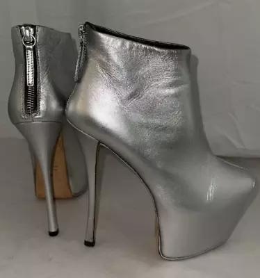36/6❤️ ZANOTTI Metallic Silver Leather Ankle HIGH HEEL Platform BOOTS Pumps • $185