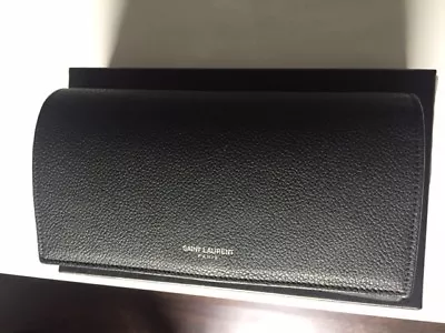 Saint Laurent Ysl Paris Large Flap Wallet In Black Grained Leather • $408