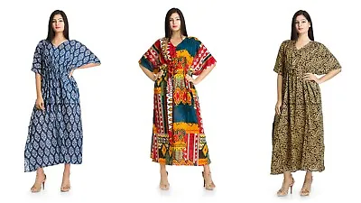 $74.79 • Buy Indian Cotton Decorative Long Beach Cover Gown 3 PC Combo Women Kaftans Dress 4X