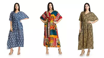 Indian Cotton Decorative Long Beach Cover Gown 3 PC Combo Women Kaftans Dress 4X • $74.79