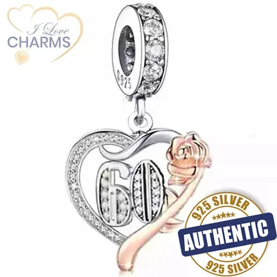 💝 60th Birthday Charm 925 Sterling Silver Number 60 Heart Love Anniversary Gift • £16.94