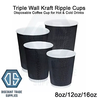 Black Triple Wall Disposable Takeaway Coffee Cups Hot Drink Cups 8oz12oz16oz • £4.49