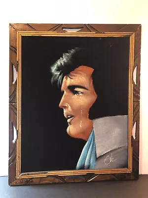 VTG Crying Black Velvet Elvis Presley Hand Painted Painting Wood Frame Ortiz • $250