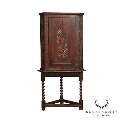 Antique English Carved Oak Corner Cabinet On Stand • $2395