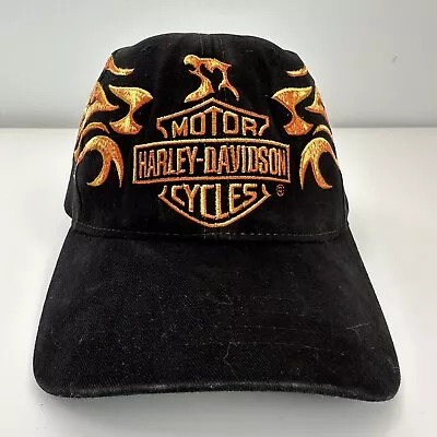 VINTAGE Harley Davidson Hat Cap Strap Back Black Orange Flames Eagle Motorcycle • $26