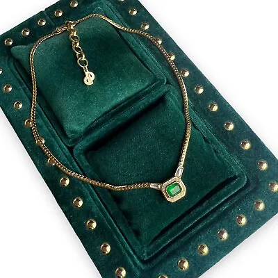 Vintage Dior Necklace 1980s Gold Tone Emerald Green Stone Diamante  • £295