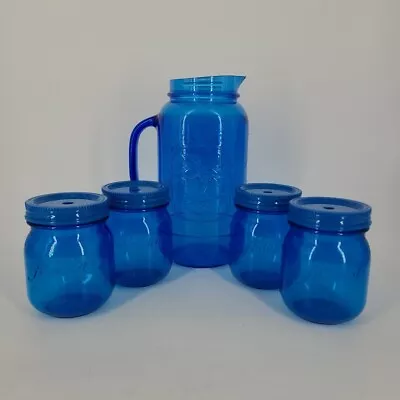 Aladdin Mason 80 Oz 2.3L Drink Tall Blue Pitcher Jar W/ Handle And Small Cup Set • $34.99