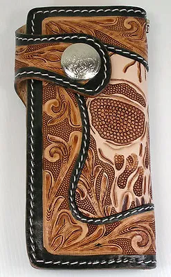 Custom Skull Tattoo Genuine Leather Biker Wallet New Beige Light Brown Biker • $159