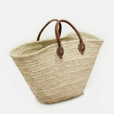 French Basket Straw Bag Leather Handles Beach Handbag Moroccan Straw Tote • $54