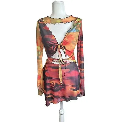 Jaded London Womens Mini Dress Sz. 12 Tie Dye Mesh Cut Out Flare Sleeve Disco • $44.99