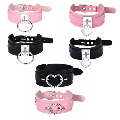 Womens Gothic Heart Padlock O-Ring Wide Leather Collar Necklace Punk Rock Choker • $11.99