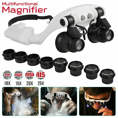 Headband Head Magnifier 8 Lens LED Light Jeweler Watch Loupe Magnifying Glasses • $14.99