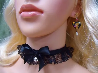 Any Size Black Lace Choker Collar BDSM DDLG Kitten Play Lolita Bell Sissy Plus • $27.95