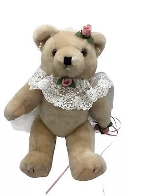 Plush Bride Teddy Bear 12  Wedding Outfit Jewelry Bouquet Posable Arms Legs VTG • $21.99