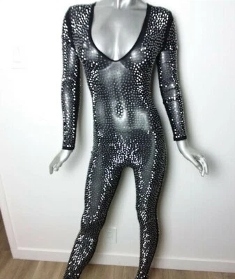 BANJUL Small Black/Silver Catsuit Long Sleeve Sheer V-Neck Rhinestones Very Sexy • £31.41