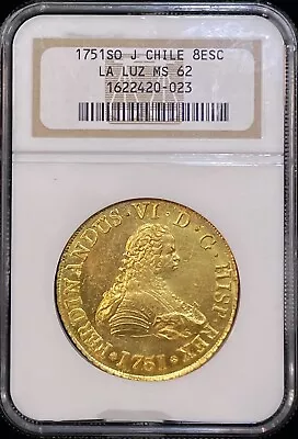 1751 J Chile 8 Escudos La Luz Gold Coin NGC MS 62 • $12500