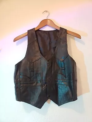 Vtg 70s Black Leather Snap Vest Biker 35 Chest M  • $9.99