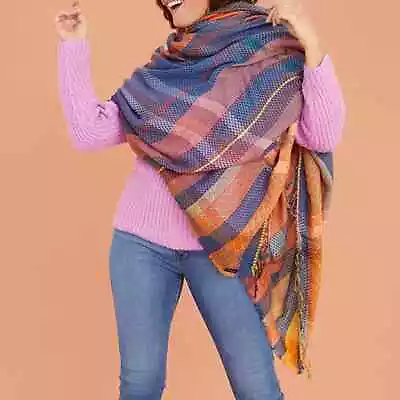 Vismaya Plaid Woven Scarf/Blanket: Orange/Blue • $100