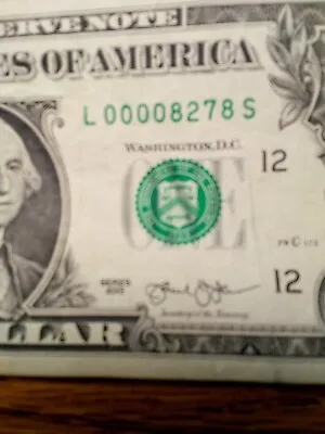 One Dollar Bill Fancy Serial Number Low Serial Number 4 In Row 0's L00008278S • $1.25