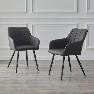 Pair Of Faux Leather Dining Chairs PU Upholstered Metal Legs Tub Chair Dark Grey • £119.99