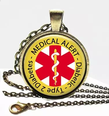 Diabetic Type 2 Diabetes Medical Alert Necklace Glass Top Bronze Pendant & Chain • $12.95