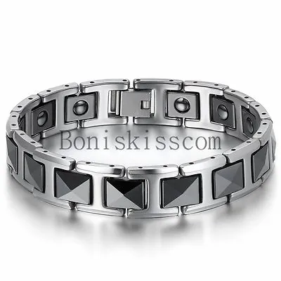 Silver Tungsten Carbide Black Ceramic Link Men's Magnetic Healthy Bracelet • $16.14