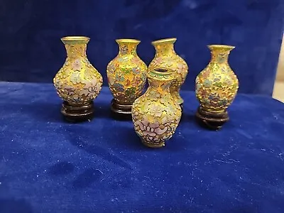 Miniature Cloisonne Vase Set Of 5 Vases With 4 Wooden Stands  • $55